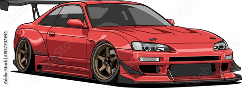 Red sports car illustration with custom wheels and spoiler on a clean background viewed from the front side