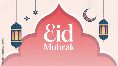 Eid mubarak greeting card with lanterns crescent moon and stars on pink background islamic holiday celebration