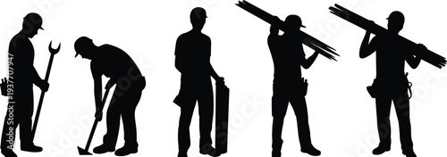 Construction worker silhouettes carrying materials and tools, builders manual labor workforce industrial jobsite illustration set