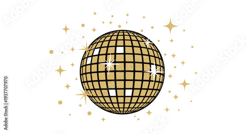 A golden disco ball sparkles against a white background surrounded by radiant starbursts silhouette high quality professional detailed