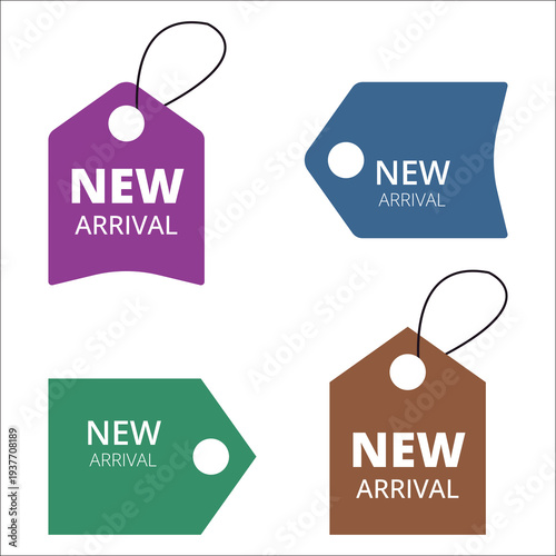 Four colorful new arrival tags on a white background