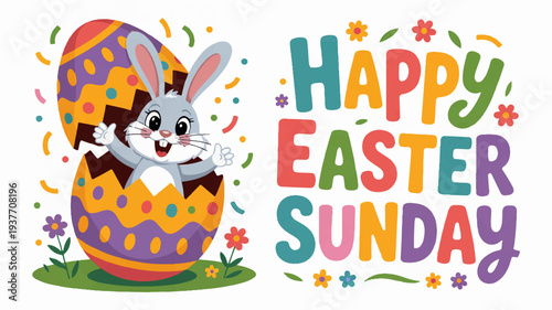 Easter bunny peeking out of colorful decorated egg with happy easter sunday text
