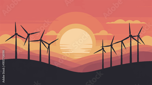 Renewable energy wind turbines at sunset with vibrant orange sky and hills