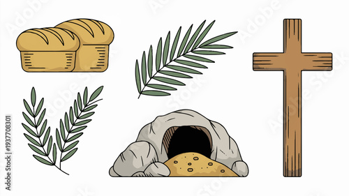 Easter symbols bread leaves tomb and cross on white background representing faith and celebration