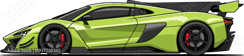 High-performance sports car speeding on a track from a side view, showcasing its sleek design and vibrant green color