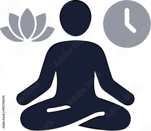 Minimalist Silhouette Meditation Pose with Lotus Flower and Clock Illustration