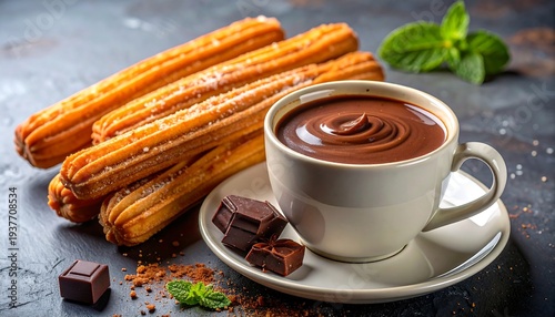 A warm cup of chocolate with churros and chocolate cubes