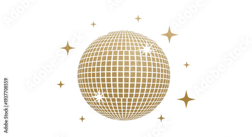 A shimmering golden disco ball is prominently displayed against a clean white background silhouette high quality professional detailed