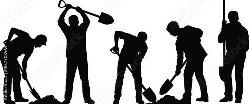 Construction worker silhouettes digging ground with shovels, manual labor builders excavation work industrial jobsite illustration set