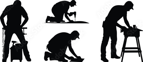 Construction worker silhouettes drilling cutting repairing tools, builder manual labor workforce working poses industrial jobsite illustration collection