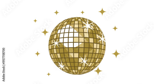 A glittering golden disco ball with sparkling starbursts radiating outwards a striking silhouette high quality professional detailed modern