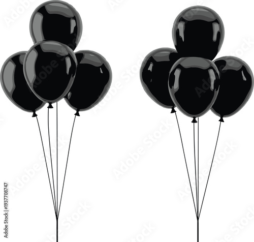 Black balloons floating cluster illustration, glossy helium party decoration drawing, elegant celebration artwork, minimal contrast design, festive atmosphere, flavector