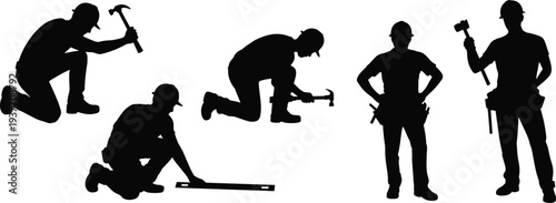 Construction worker silhouettes hammering measuring standing with tools, builders manual labor workforce jobsite illustration collection set