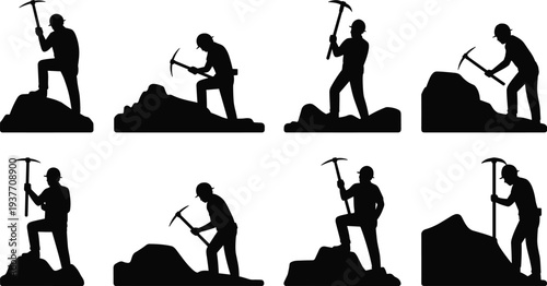 Construction worker silhouettes mining and digging with pickaxe tools, manual labor workforce industrial jobsite illustration collection set