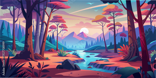 Beautiful surreal alternate colored forest landscape