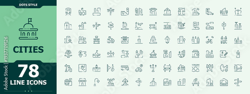 Cities icon set. Thin UI icons. Vector illustration. Urban icon set. Includes symbols for transportation, city, town, transport, building, connect and more.
