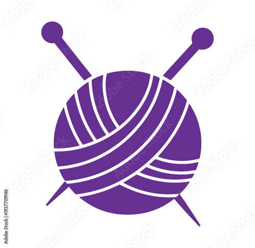 Purple ball of yarn with knitting needles on white background