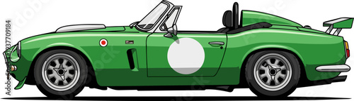 Vintage green convertible sports car parked outdoors on a plain white background viewed from the side