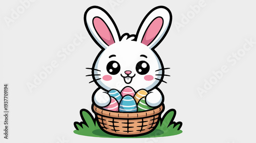Cute cartoon easter bunny sitting in a wicker basket filled with colorful eggs on green grass with a happy expression on a light gray background