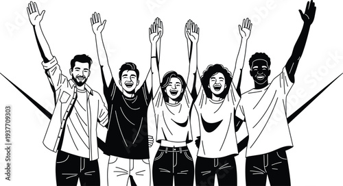 Flavector, diverse group celebration illustration, unity concept art, joyful people raising arms, black and white drawing, dynamic energy, positive emotion, teamwork