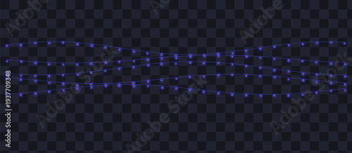 Numerous sparkling violet fairy lights are strung across several wavy horizontal lines