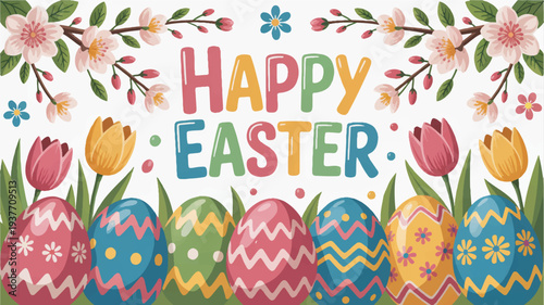 Colorful easter eggs with floral decorations and happy easter text on white background