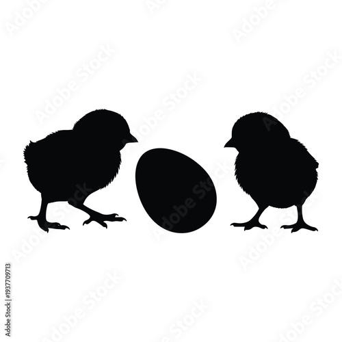 Two curious chicks exploring an egg in minimalist silhouette