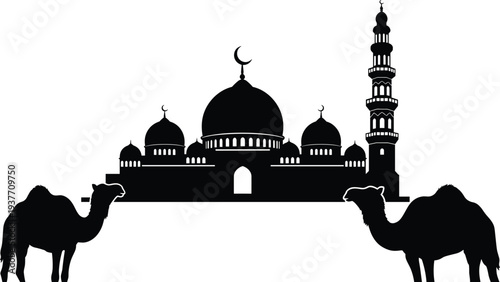 Mosque silhouette with domes and minaret, camels desert cultural illustration, Islamic architecture artwork, Middle Eastern heritage drawing, spiritual ambiance, flavector