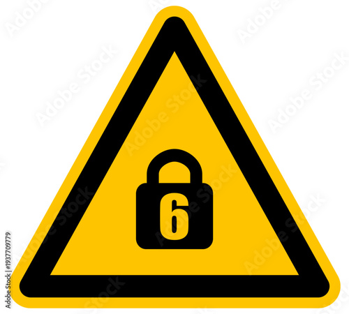 Señal de advertencia con número 6 dentro de un candado icono de vector de restricción de edad o protección infantil