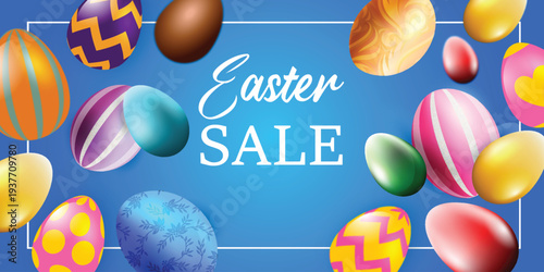 Happy Easter Bunny with Decorated Eggs and Daisies