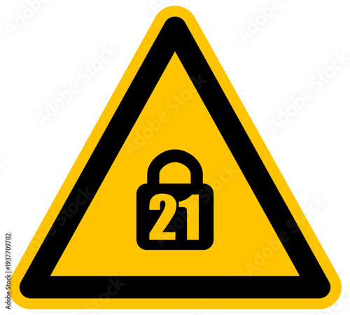 Señal de advertencia con número 21 dentro de un candado icono de vector de restricción de edad legal y seguridad máxima