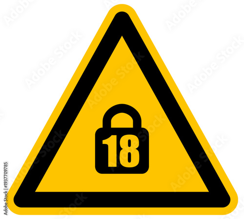 Señal de advertencia con número 18 dentro de un candado icono de vector de mayoría de edad y restricción legal de contenido