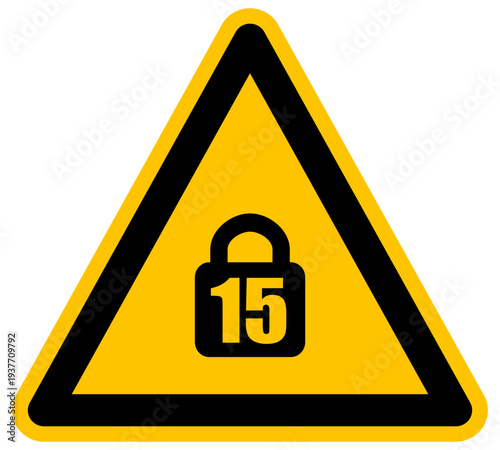 Señal de advertencia con número 15 dentro de un candado icono de vector de restricción de edad o seguridad específica