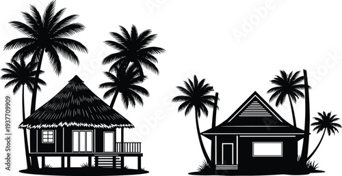 Tropical house silhouettes, thatched roof, stilted home, modern villa, palm trees, coastal architecture, island residence, warm climate design, exotic property