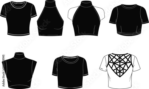 Women’s crop tops fashion illustration, trendy summer clothing design, stylish apparel collection drawing, modern garment variety showcase, fashion silhouette, flavector