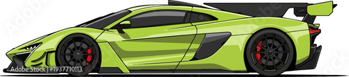 A high-performance green sports car speeds down a track viewed from the side in a sleek illustration.