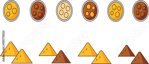 Traditional South Asian street food vector icon set featuring crispy samosas and spicy appetizers with various dipping sauces for culinary and restaurant branding.