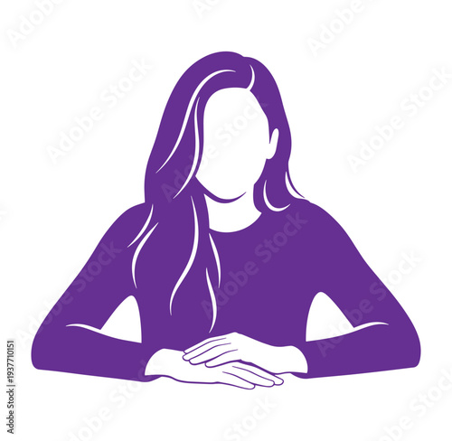 Purple silhouette of a woman with long hair sitting at a table  isolated on white background