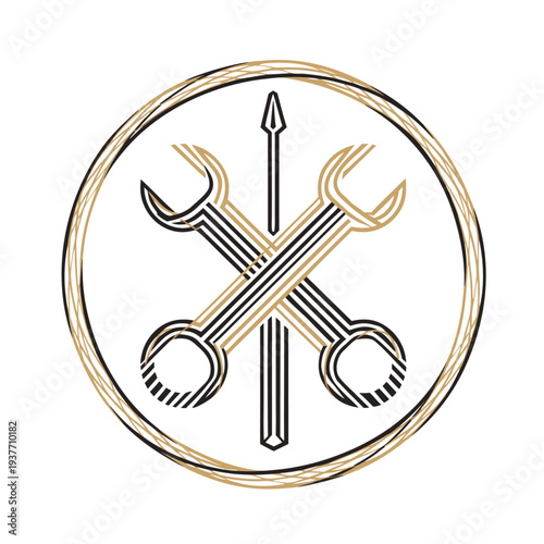 Vintage Mechanic Logo Badge: Crossed Wrenches and Spear Icon for Repair Shop and Garage Branding.