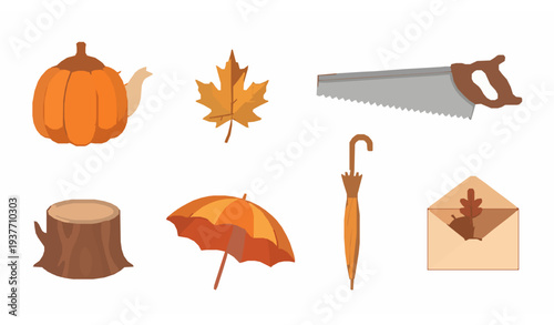 Autumn harvest objects set with gourd teapot saw stump umbrella leaves and acorn envelope vector illustration