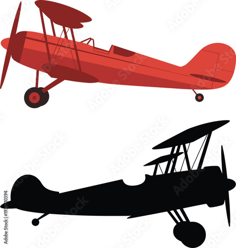 Vintage biplane aircraft vector illustration with red airplane and black silhouette classic aviation transport retro propeller plane isolated design for flight and history