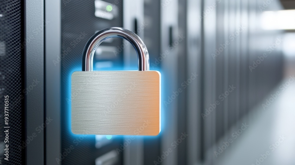 Fototapeta premium A digital padlock hovering over a cloud data center with a glowing blue energy field around it.