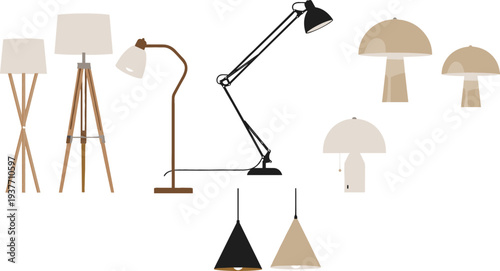 Professional vector illustration set of modern home lighting featuring floor lamps desk lamps and hanging pendant lights for interior design concepts.