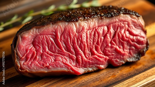 mediumrare. Juicy medium-rare steak cross-section on rustic wood, highlighting glistening meat fibers. menu design, packaging mockups, designed for culinary blogs and recipe cards for restaurants.