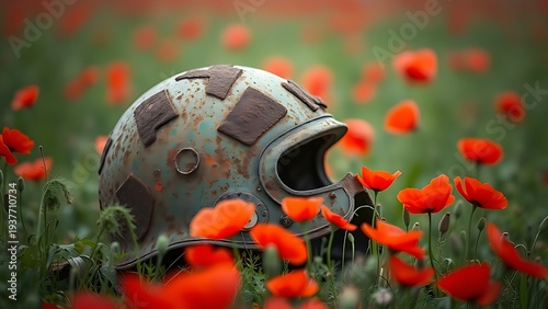 infamy. A rusted steel helmet among red poppies in a field. event programs, museum guides, cultural reports, designed for cultural heritage projects and event programs, used by retail merchandisers.