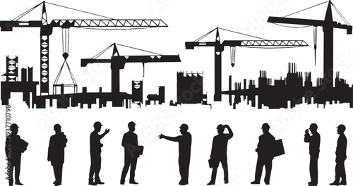 Construction site silhouettes, tower cranes, building framework, worker teamwork, engineer discussion, industrial labor, occupational safety, infrastructure development artwork design
