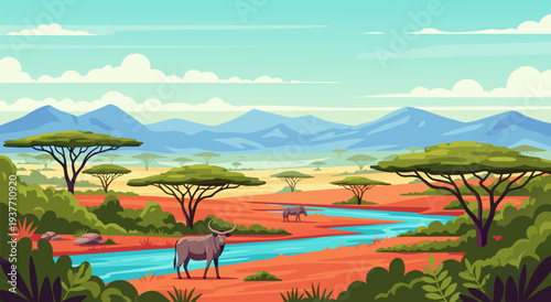 Savanna Landscape Vector Illustration Featuring Wildlife and Acacia Trees in a Scenic African Ecosystem, Nature's Beauty Captured in Art
