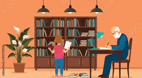 Vector illustration of a library scene with a young person reading and an elderly person writing at a desk, educational concept