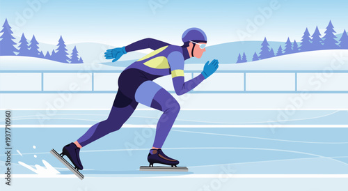 Speed Skating Vector Illustration of a Male Athlete in Motion on a Rink with Snow-Covered Trees in the Background