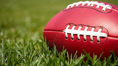 touchdown. An American football resting on a grassy field under natural sunlight, with a blurred background. event key visuals.